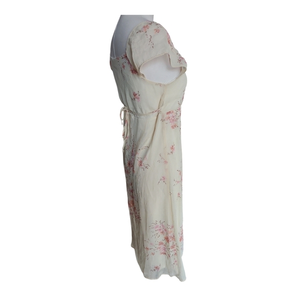 Just Sarah Cream Pink Floral Midi Dress Cap Sleeve Empire Waist Sz 14 - Picture 3 of 7